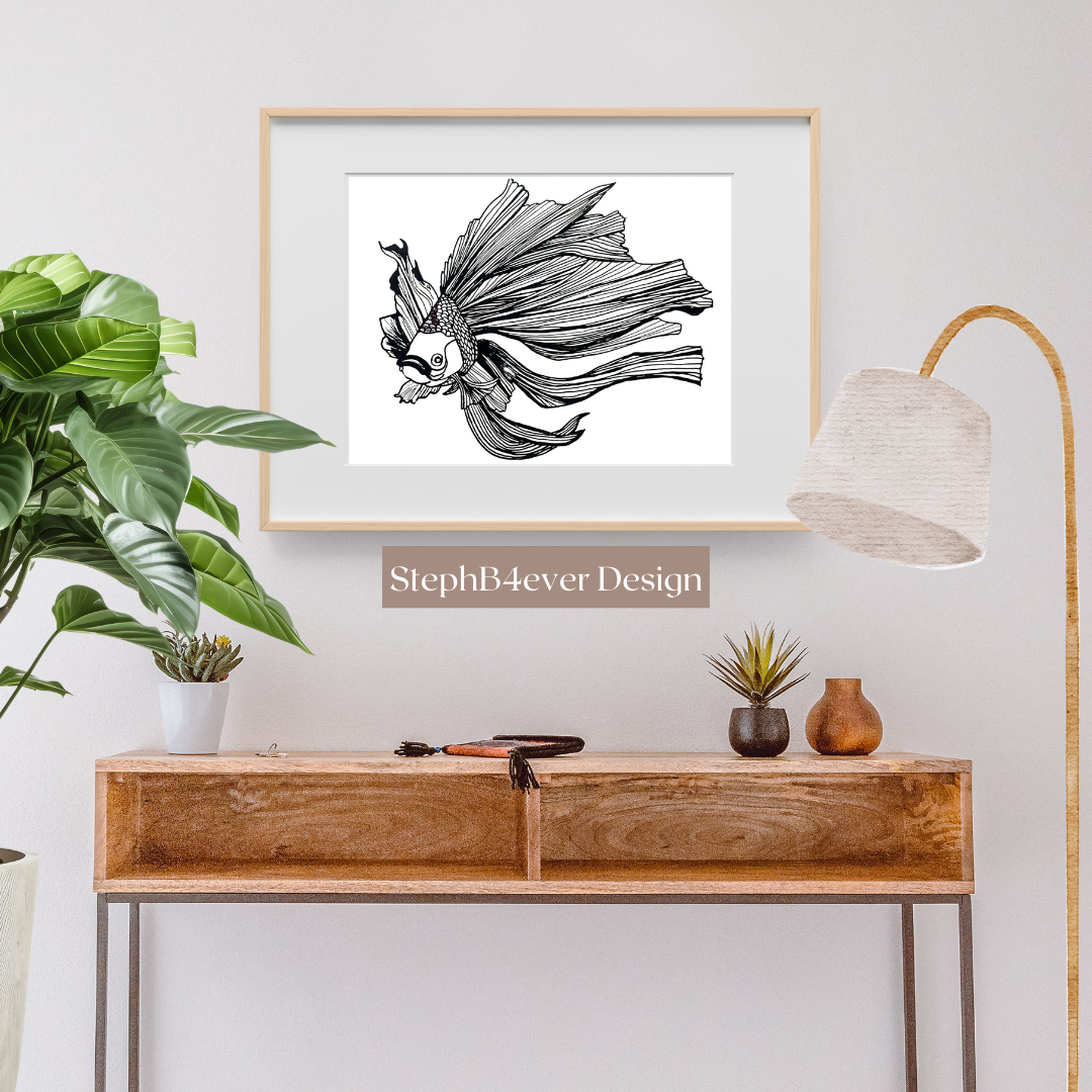 Line Art Wall Art on Canvas - Goldfish Black & White - Image 8
