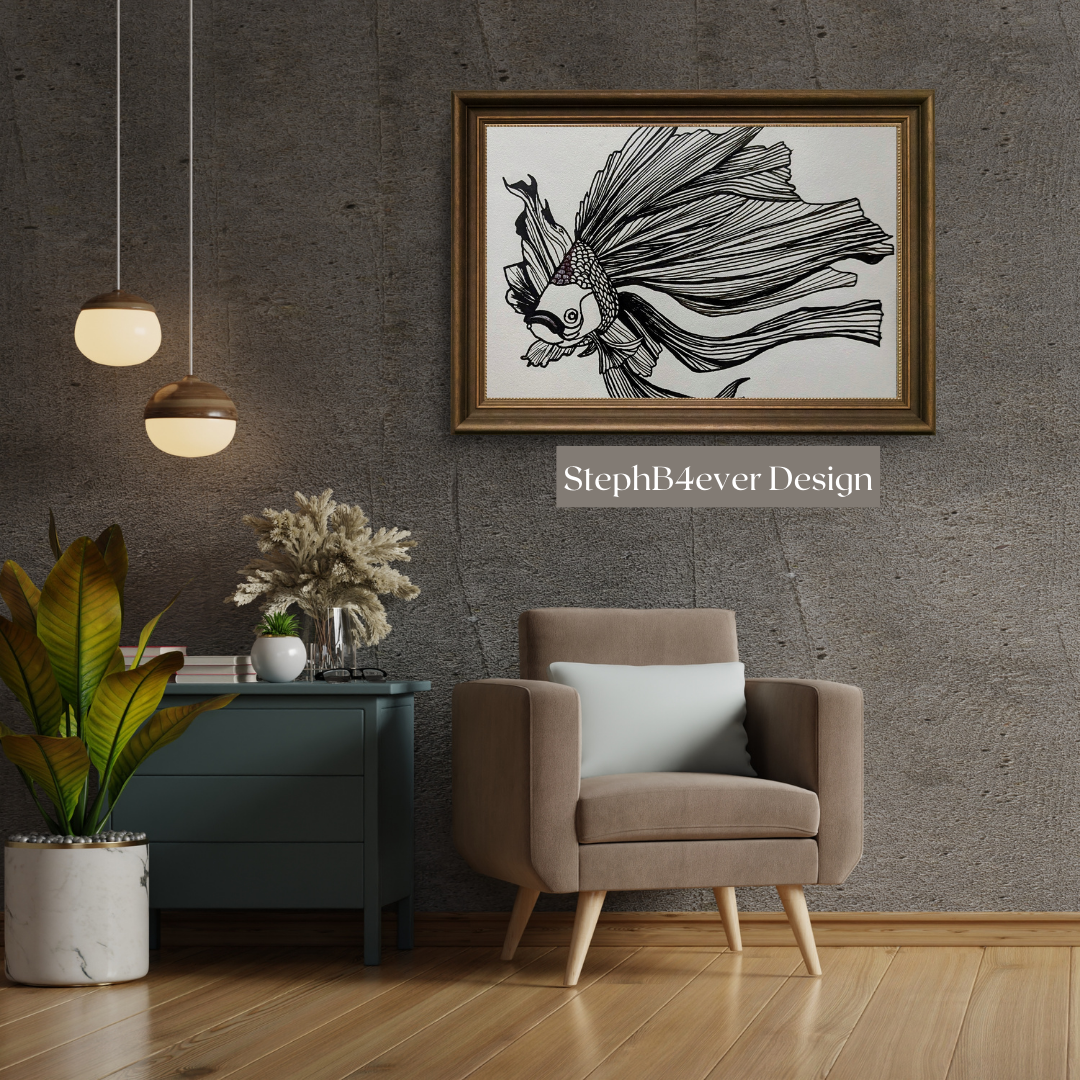 Line Art Wall Art on Canvas - Goldfish Black & White - Image 5
