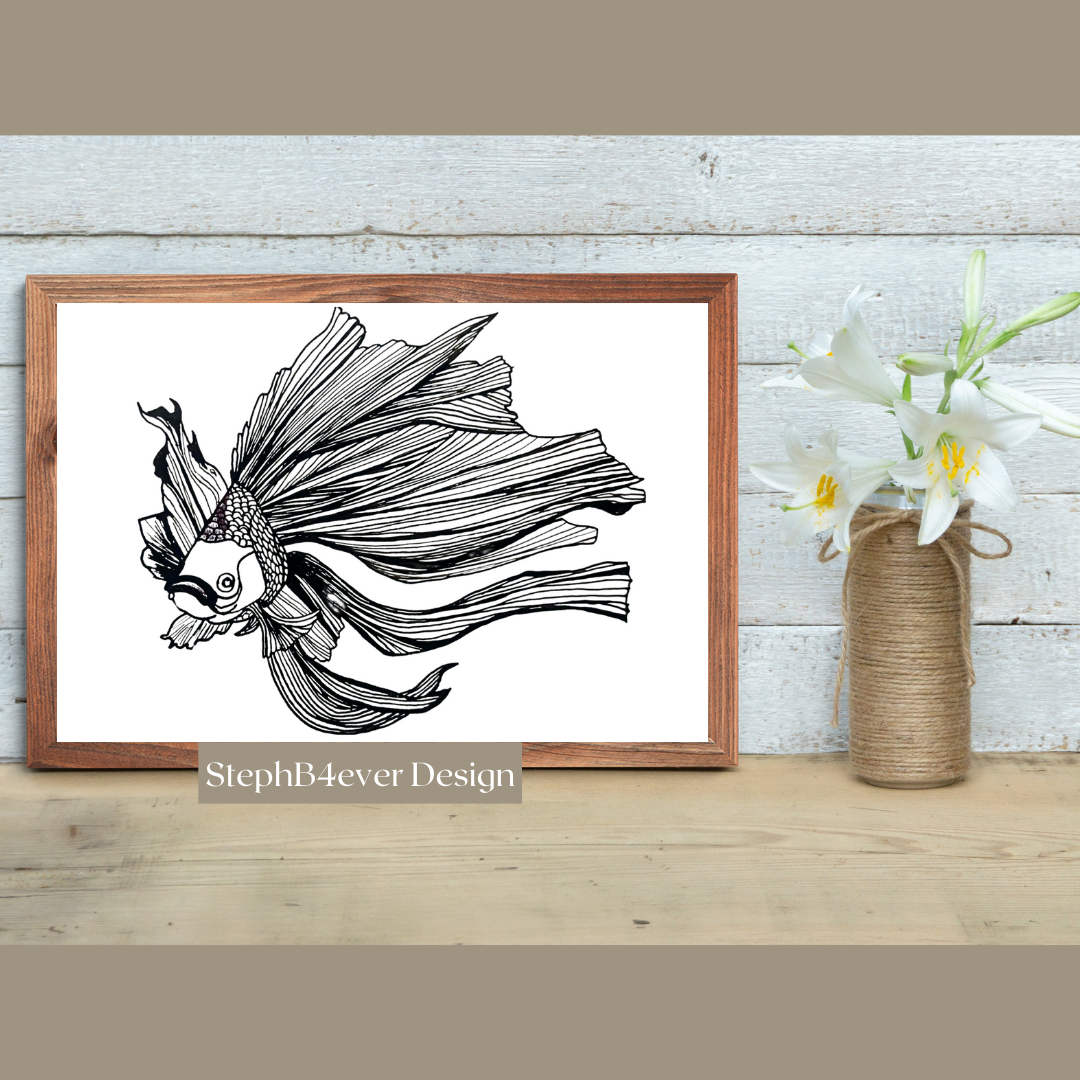 Line Art Wall Art on Canvas - Goldfish Black & White - Image 2